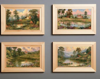 Juego de 4 láminas imprimibles con paisajes de casas de campo francesas y estanques campestres (descarga digital)