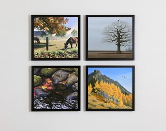 Juego de 4 láminas imprimibles de paisajes otoñales: caballos, roble, arroyo, álamos. Láminas para pared tipo galería.