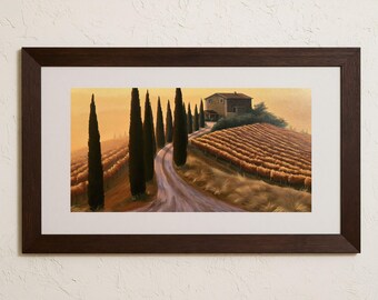 Cottagecore Italian Landscape Print, Winding Country Road with Cypress Trees, Warm Tuscan Vineyard Wall Art Digital Download