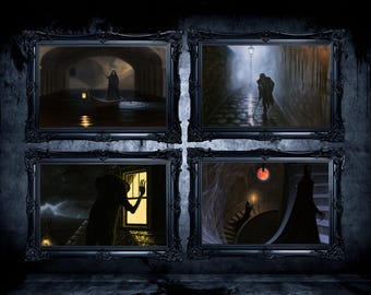 Conjunto de 4 figuras góticas imprimibles, decoración de pared espeluznante para Halloween (descarga digital)