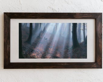 Deer in Sunlit Forest Printable Wall Art, Autumn Woodland Light Rays Painting, Misty Morning Nature Print for Living Room or Cabin Decor