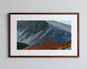 Welsh Mountain Landscape Print, Ravens in Flight Over Autumn Cliffs, Misty Cambrian Peak Wall Art, Printable Digital Download