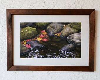 Autumn Leaves on Mossy Stream Printable Wall Art, Fall Nature Print, Boulder Creek Painting Download for Cabin or Living Room Decor