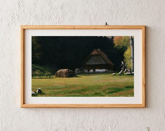 Cottagecore Farmhouse Wall Art, Woodland Meadow Print, Rustic Timber House Printable Download, Warm Country Charm for Any Room