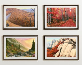 Juego de 4 láminas de montaña otoñales para descarga instantánea, arte para pared de galería (descarga digital)