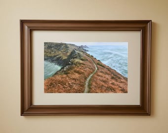 Cornish Coastal Footpath Wall Art, Autumn Cliff Path Painting, Rugged Sea Cliffs Print, Turquoise Ocean Landscape Printable Download