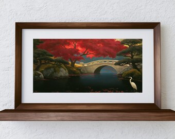 Japanese Garden Wall Art with Red Maple Tree, Stone Bridge and White Heron, Cottagecore Autumn Decor for Living Room Study