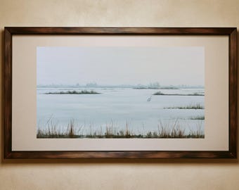 Hazy Reed Marsh Print, Foggy Wetland with Heron, Muted Gray Landscape Wall Art, Quiet Nature Printable Download for Living Room or Study
