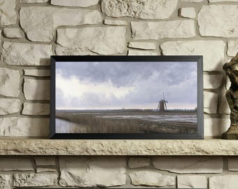 Moody Cottagecore Windmill Print, Wetland Reeds and Birds Wall Art for Living Room, Quiet Dutch Countryside Printable Decor