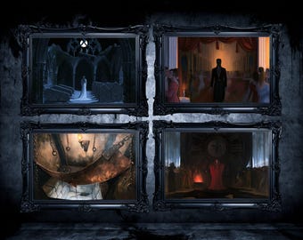 Juego de 4 láminas imprimibles de terror gótico, arte mural espeluznante para Halloween (descarga digital)