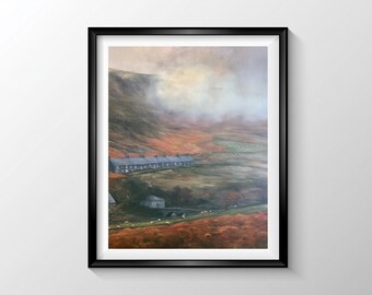 Cottagecore Welsh Countryside Print, Stone Cottages and Stone Bridge in Foggy Valley, Rustic Farmhouse Wall Art Instant Download
