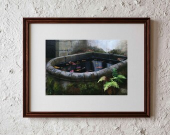 Cottagecore Garden Fountain Print, Fallen Leaves and Robin Wall Art, Vintage Style Stone Trough Painting for Farmhouse or Cottage Decor