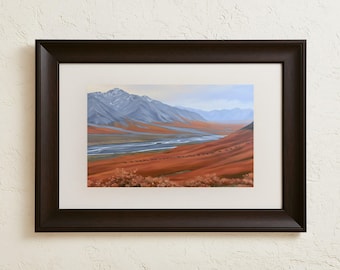 Alaskan Tundra Valley Print, Caribou Migration Wall Art, Autumn Mountain Landscape Printable Download, Rust Orange Wilderness Decor
