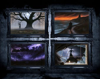 Juego de 4 láminas imprimibles, arte mural de siluetas góticas inquietantes para Halloween (descarga digital)