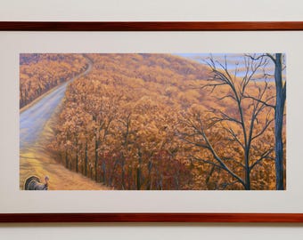 Wild Turkey on Amber Autumn Trail Printable Wall Art, Golden Hills Landscape Digital Download, Rustic Fall Home Decor Print