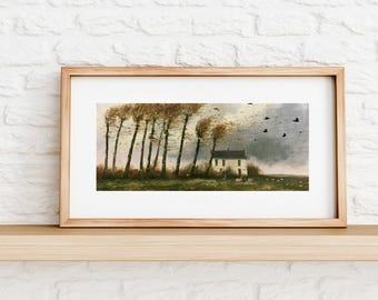 Windswept Poplars Farmhouse Print, Autumn Countryside Wall Art, Stormy Sky Landscape Painting Download for Farmhouse Decor