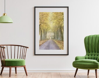 Cottagecore Autumn Avenue Wall Art, Geese on Country Road Print, Golden Leaves Manor House Landscape, Printable Download for Home Decor