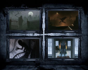 Juego de 4 láminas imprimibles de Halloween: Parca espeluznante y figuras fantasmales (descarga digital).