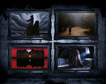 Juego de 4 láminas góticas imprimibles de Halloween, arte mural inquietante para galería (descarga digital)