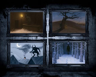 Conjunto de 4 láminas imprimibles de Halloween para pared, figuras encapuchadas de terror folclórico espeluznantes (descarga digital)