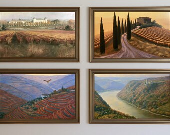 Juego de 4 láminas con paisajes de viñedos, arte mural de la región vinícola en tonos dorados otoñales (descarga digital)