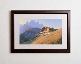 Bavarian Farmhouse Wall Art Print, Alpine Chalet at Sunset, Autumn Mountain Meadow Printable Download, Dolomites Landscape Decor