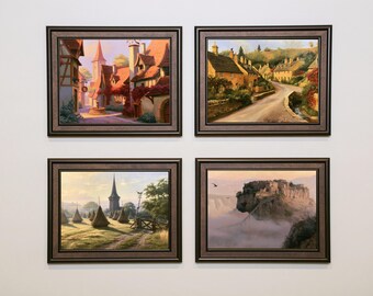 Juego de 4 láminas imprimibles de pueblos europeos, decoración de pared para casas de campo (descarga digital)