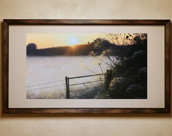 Misty Field Sunrise Farm Gate Printable Wall Art, Cow Parsley Hedgerow Country Landscape Print, Digital Download for Home