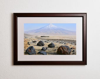 Anatolian Plateau Landscape Print, Snow Capped Volcano Wall Art, Sheep Grazing on Dry Steppe, Printable Download for Living Room