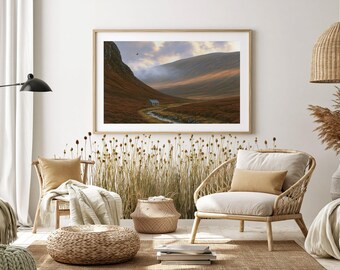 Scottish Glen Wall Art Print, Stone Bothy by Stream, Highland Landscape Printable Download, Rustic Autumn Moor Cottage Scene for Home