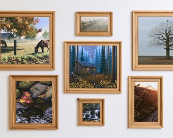Juego de 7 láminas otoñales, arte mural imprimible, caballos, cabaña de roble, arroyo (descarga digital)