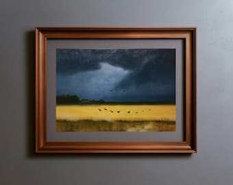 Golden Wheat Field Storm Sky Printable Wall Art, Birds Flying Over Farmland Painting, Moody Farmhouse Landscape Digital Download