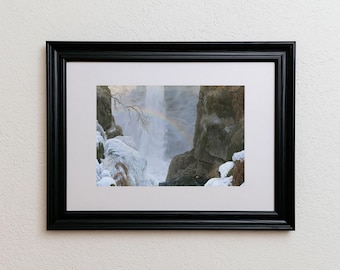 Icy Ravine Waterfall Wall Art, Cottagecore Winter Nature Print with Rainbow and Small Bird, Digital Download for Home Decor