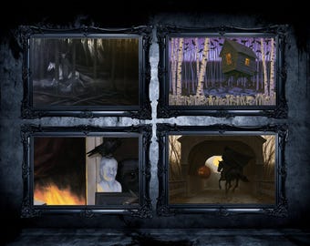 Juego de 4 láminas de Halloween, arte mural de la cabaña del cuervo jinete con cuernos (descarga digital)