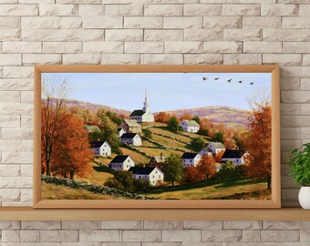 Cottagecore Fall Village Print, White Church Steeple, Orange Foliage Hillside Scene, Digital Download Wall Art for Cozy Country Decor
