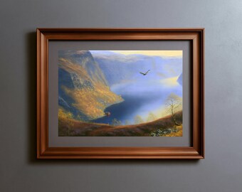 Norwegian Fjord Autumn Print, Red Boathouse and Soaring Sea Eagle, Misty Mountain Lake Wall Art, Printable Download for Home