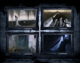 Juego de 4 láminas imprimibles, Fantasmas de Halloween para pared (Descarga digital)