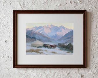 Cozy Nomad Yurt Snow Landscape Print, Horses and Mountains at Dawn, Cottagecore Printable Download for Rustic Cabin Wall