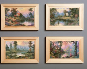 Juego de 4 láminas con motivos de casas de campo francesas, arte mural con estanque campestre en tonos pastel (descarga digital)