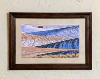 Modern Farmhouse Wall Art, Snow Covered Rolling Hills Printable, Blue and Gold Contour Field Design, Winter Palouse Landscape Download