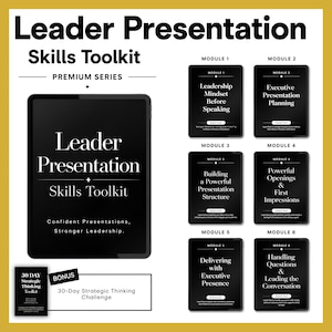 May include: A Leader Presentation Skills Toolkit featuring a large black digital tablet display and six smaller module cards labeled 1 through 6. The text includes titles like Leadership Mindset, Executive Presentation Planning, and a 30-Day Strategic Thinking Challenge bonus.