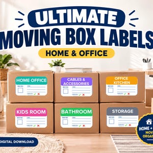 Puede incluir: Un conjunto de seis etiquetas rectangulares para cajas de mudanza con encabezados de colores y fondos blancos. Las etiquetas incluyen texto para Home Office, Cables & Accessories, Office Kitchen, Kids Room, Bathroom y Storage, con campos para número.