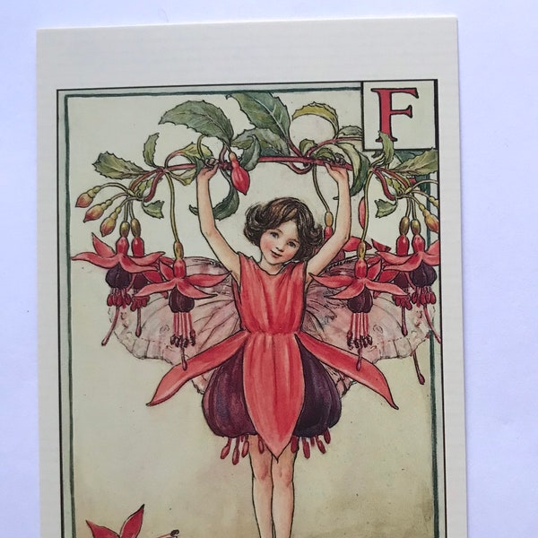 Flower Fairy Alphabet Postcard: F -Fuchsia, Vintage Nursery, Scrapbooking, Art Print, Cicely Mary Barker, Baby Name, Baby Shower gift