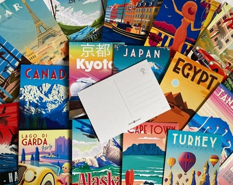 Cartes postales de voyage rétro (2) : choisissez la vôtre. Voyages, villes, vacances, tirages d'art, décoration, collage, scrapbooking, carnet de notes, cadeaux, envie de voyager