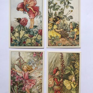 Lot de 4 cartes postales de style vintage Flower Fairies, Cicely Mary Barker, art féerique, gravures, cadeaux, pépinière, nature, scrapbooking (Wayside 1)