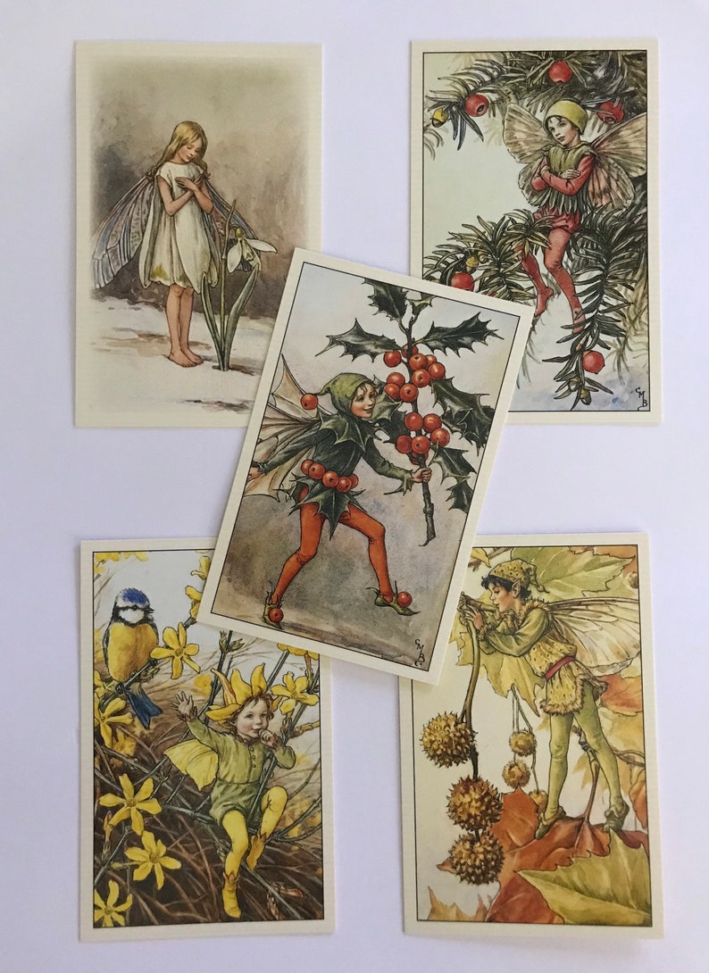 5 Vintage Style Flower Fairies of the Winter Postcards, Cicely Mary Barker, Fairy Art, Collectable Cards Winter1 image 1