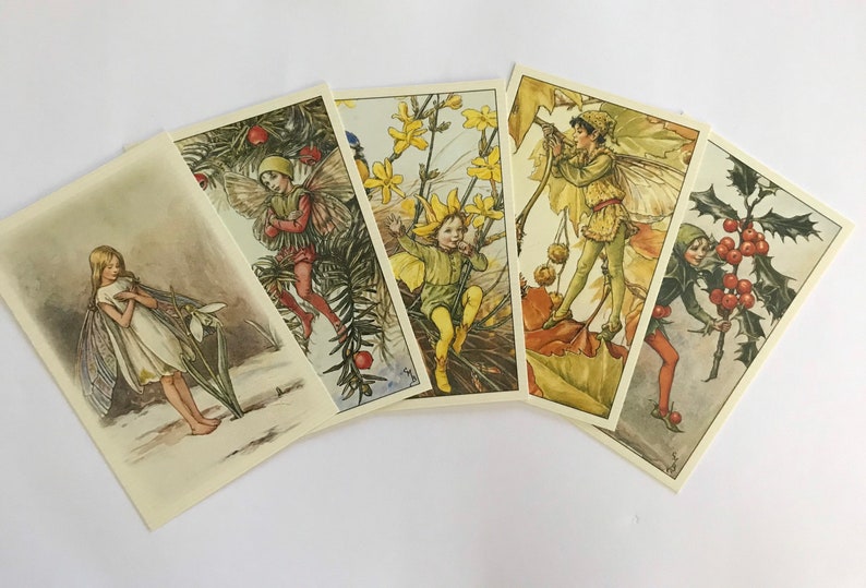 5 Vintage Style Flower Fairies of the Winter Postcards, Cicely Mary Barker, Fairy Art, Collectable Cards Winter1 image 2