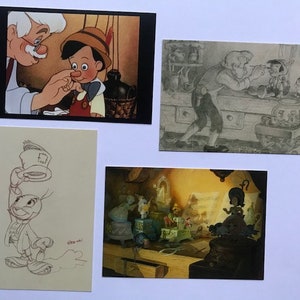 L'arte Disney: set di 4 cartoline di Pinocchio, stampe artistiche da collezione, scrapbooking, lavori di carta, schizzi di Walt Disney, cornici (Pin1)