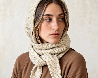 Modello PDF per sciarpa con cappuccio da lavorare a maglia, sciarpa facile da lavorare a maglia, sciarpa con cappuccio a punto legaccio, accessorio invernale accogliente