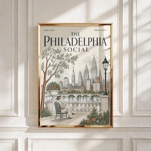 Könnte beinhalten: Ein gerahmtes Poster im Vintage-Stil mit dem Titel The Philadelphia Social, datiert vom 15. Juni 1934. Es zeigt eine Person, die auf einer Terrasse sitzt und liest, mit einer Skyline, einem Baum, einer Laterne und einer steinernen Balustrade.